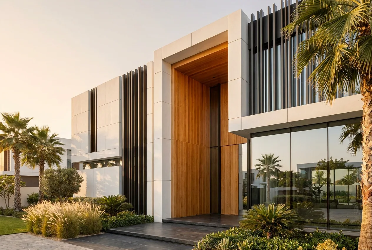 Perspective d’une façade en pierre claire, bois et brise-soleil