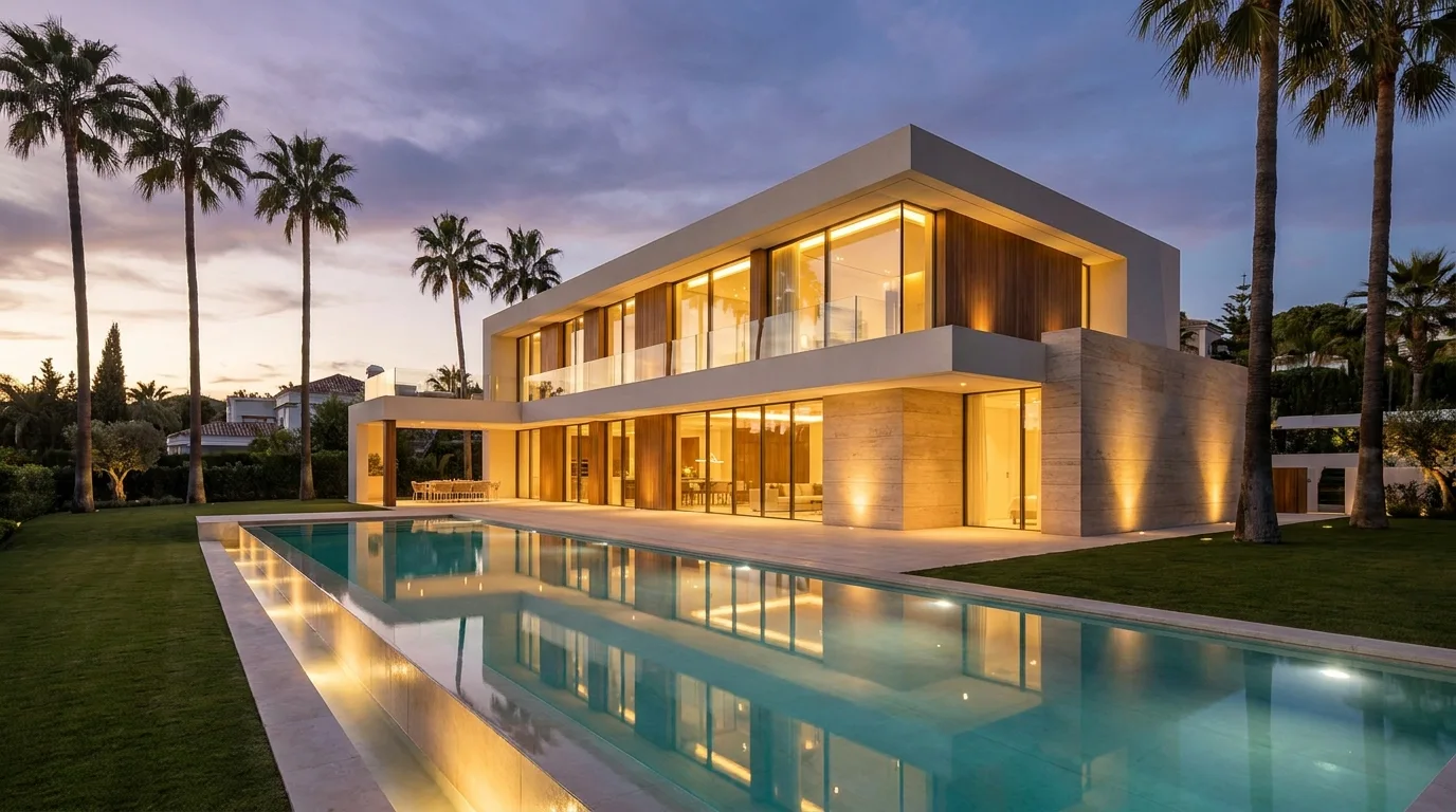 Perspective d’une villa contemporaine et sa piscine à la tombée du jour